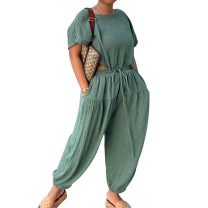 Women's Elastic Cotton And Linen Fashion Casual Wide Leg Pants Solid Color Two Piece Suit - Shello's Creative Boutique