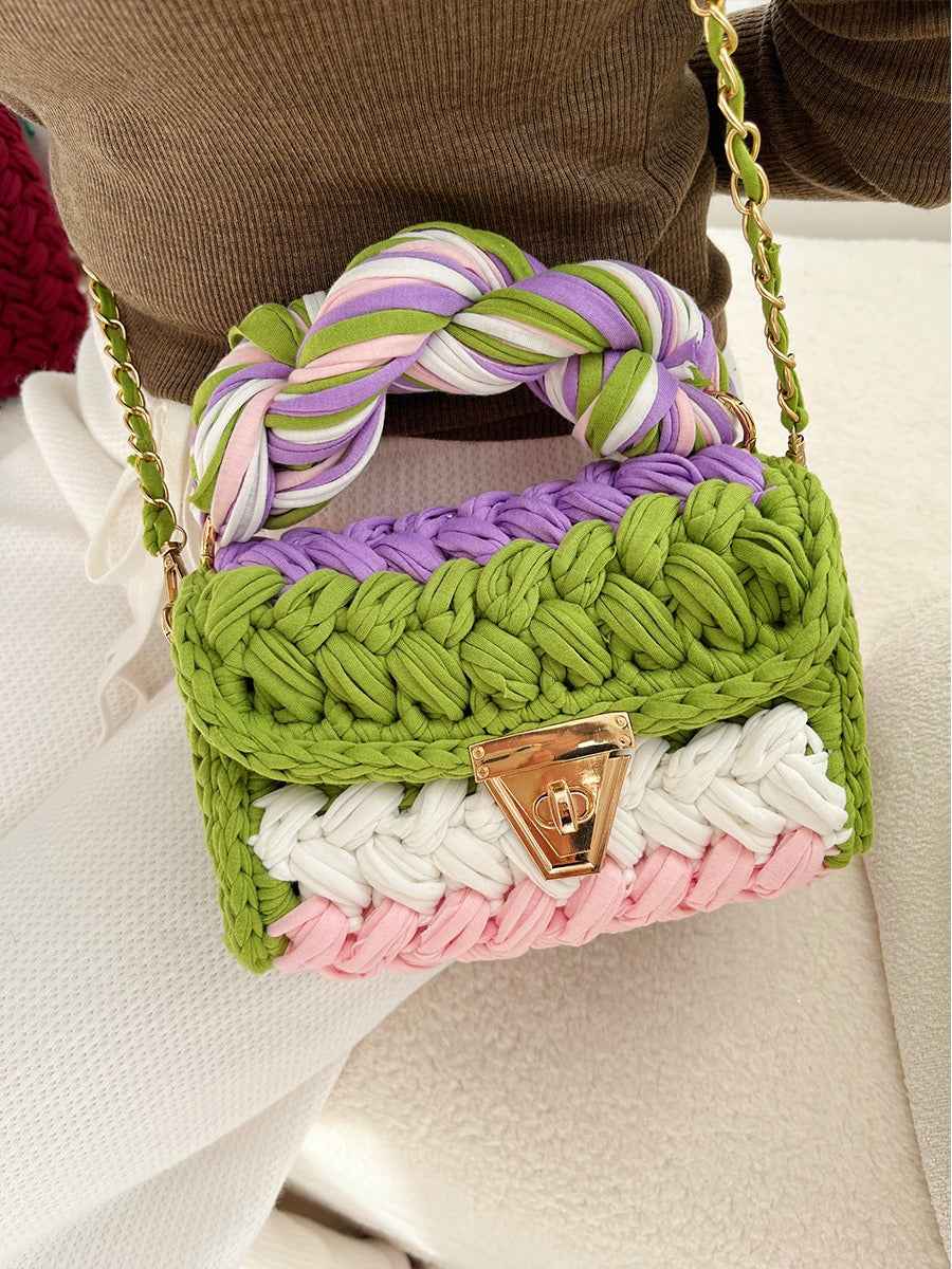 Women Crochet Shoulder Bag - Hand Woven Crochet Tassel Bag with Fried Dough Twists