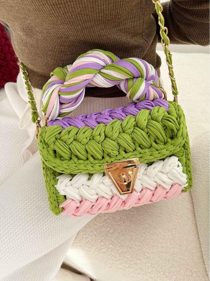 Women Crochet Shoulder Bag - Hand Woven Crochet Tassel Bag with Fried Dough Twists - Shello's Creative Boutique