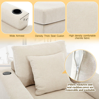 39.7" Oversized Chaise Lounger Modern Style Sofa Couch ,with Pillows, Charge Station & Cup Holders, Chenille Fabric, Cream - Shello's Creative Boutique