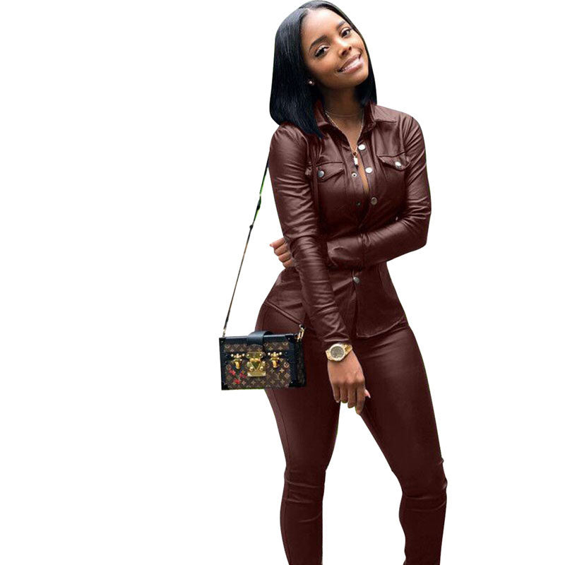 Sexy Two Piece Set Women Plus Size PU Leather Long Sleeve Top and Bodycon Pant Suit eprolo