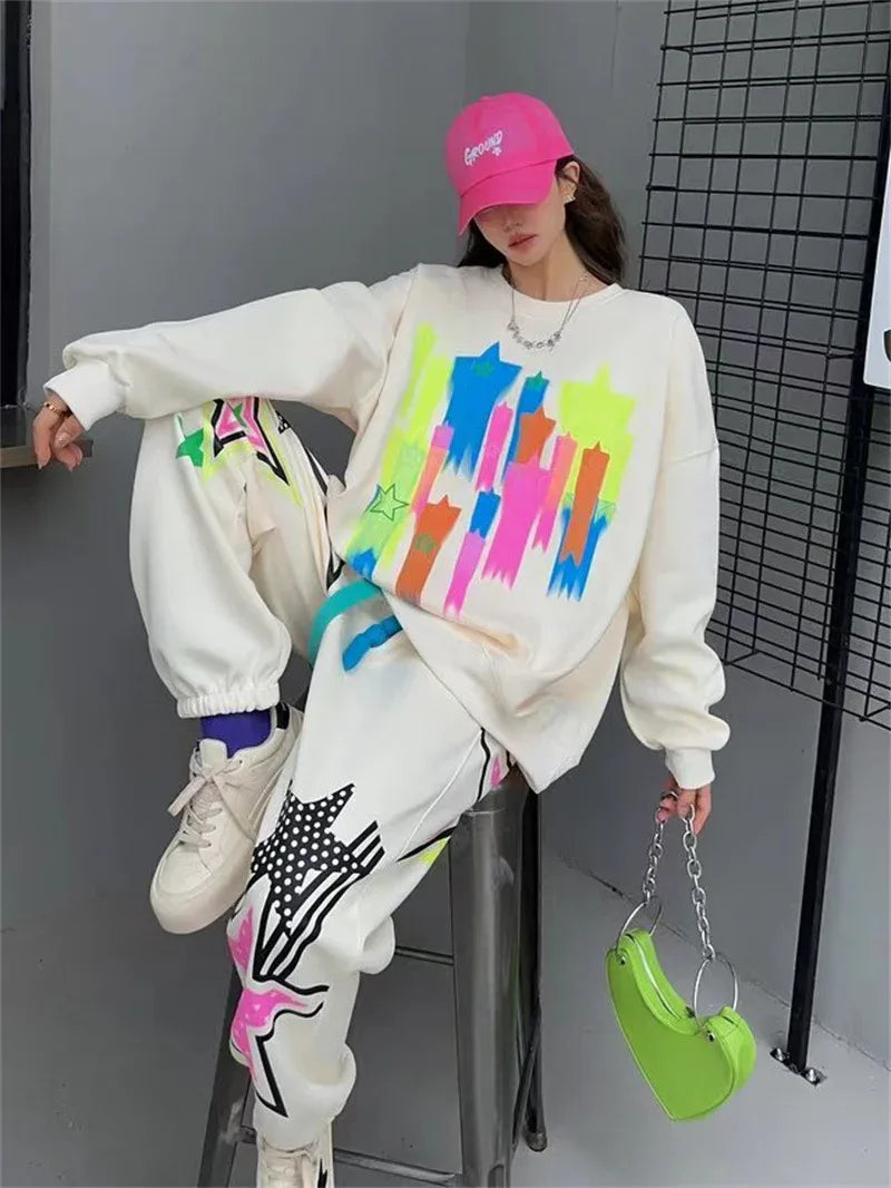 Hoodie women's long and fashionable cartoon graffiti print loose casual round neck autumn outfit set - Shello's Creative Boutique