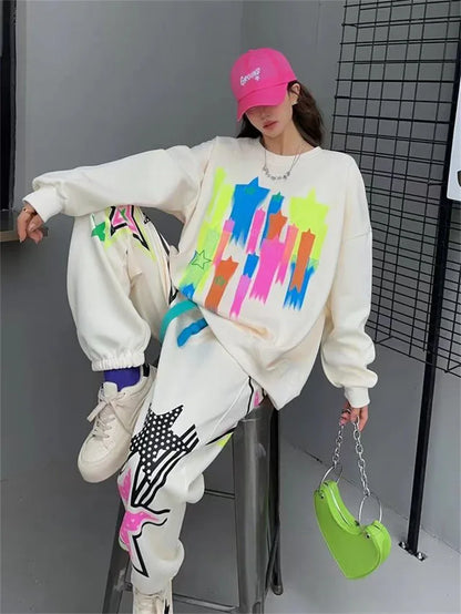 Hoodie women's long and fashionable cartoon graffiti print loose casual round neck autumn outfit set - Shello's Creative Boutique