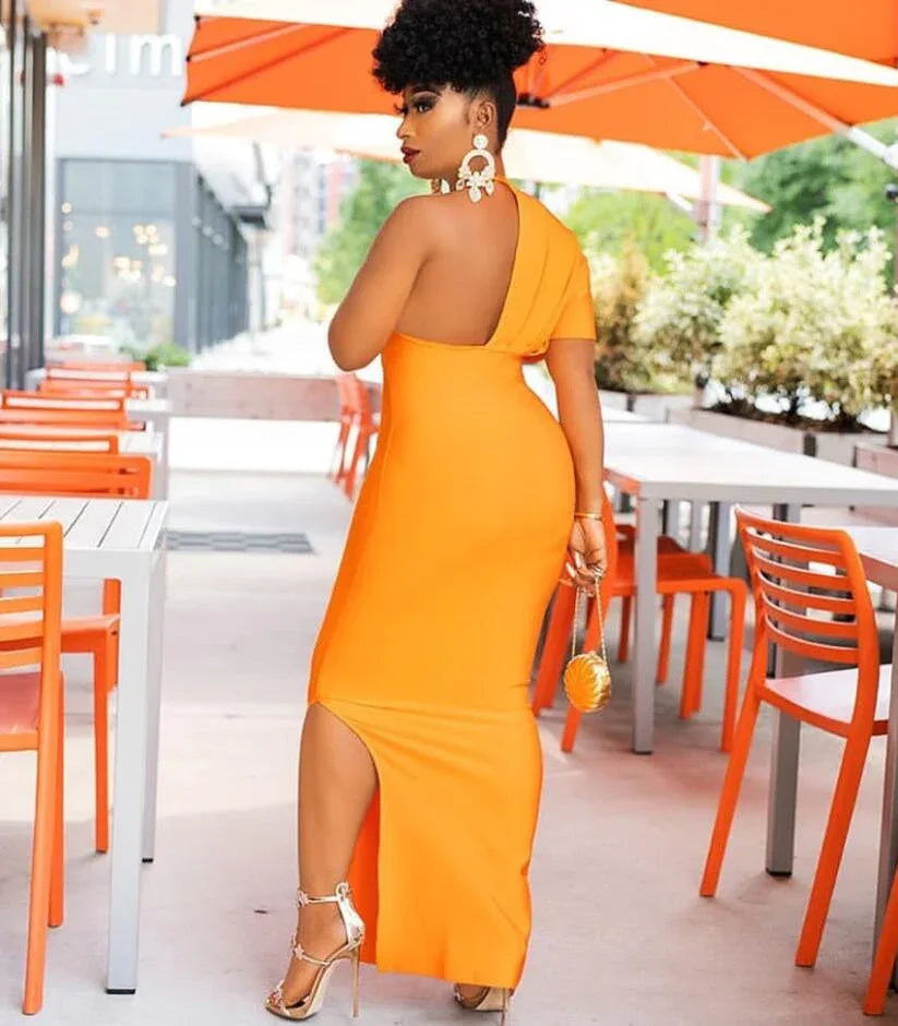 Orange V Neck Maxi Bandage Dress - Designer Evening Party Dress - Shello's Creative Boutique
