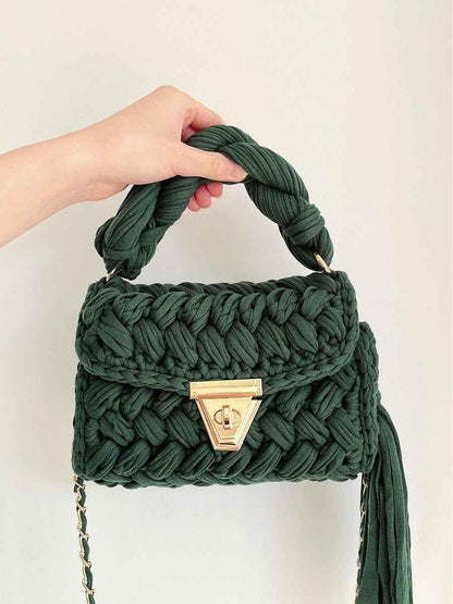 Women Crochet Shoulder Bag - Hand Woven Crochet Tassel Bag with Fried Dough Twists - Shello's Creative Boutique