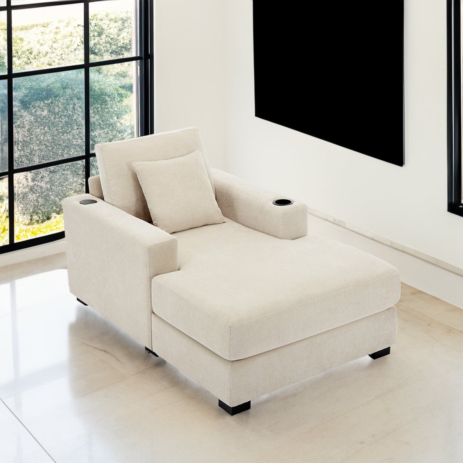 39.7" Oversized Chaise Lounger Modern Style Sofa Couch ,with Pillows, Charge Station & Cup Holders, Chenille Fabric, Cream Shello Creative Boutique