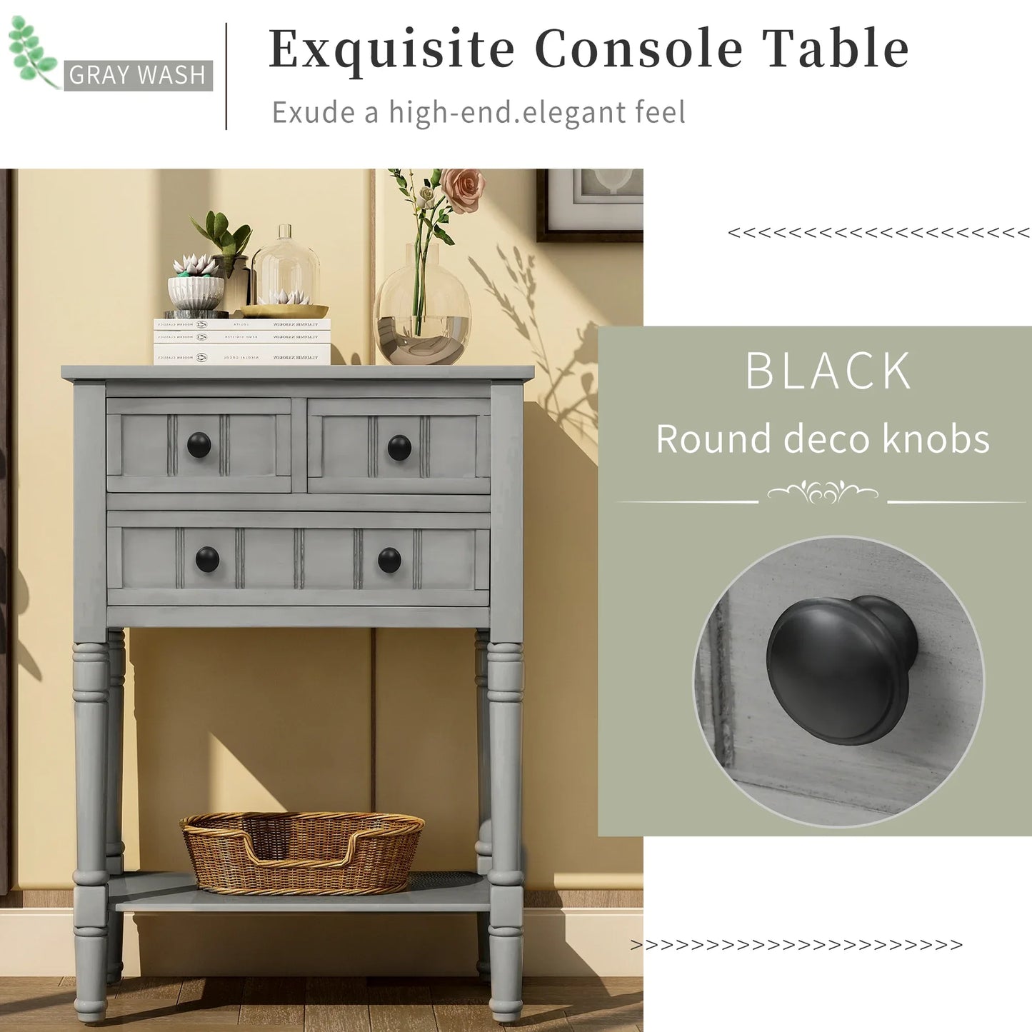 TREXM Narrow Console Desk, Thin Sofa Table with Three Storage Drawers and Living Room Bottom Shelves (Grey Washed) - Shello's Creative Boutique