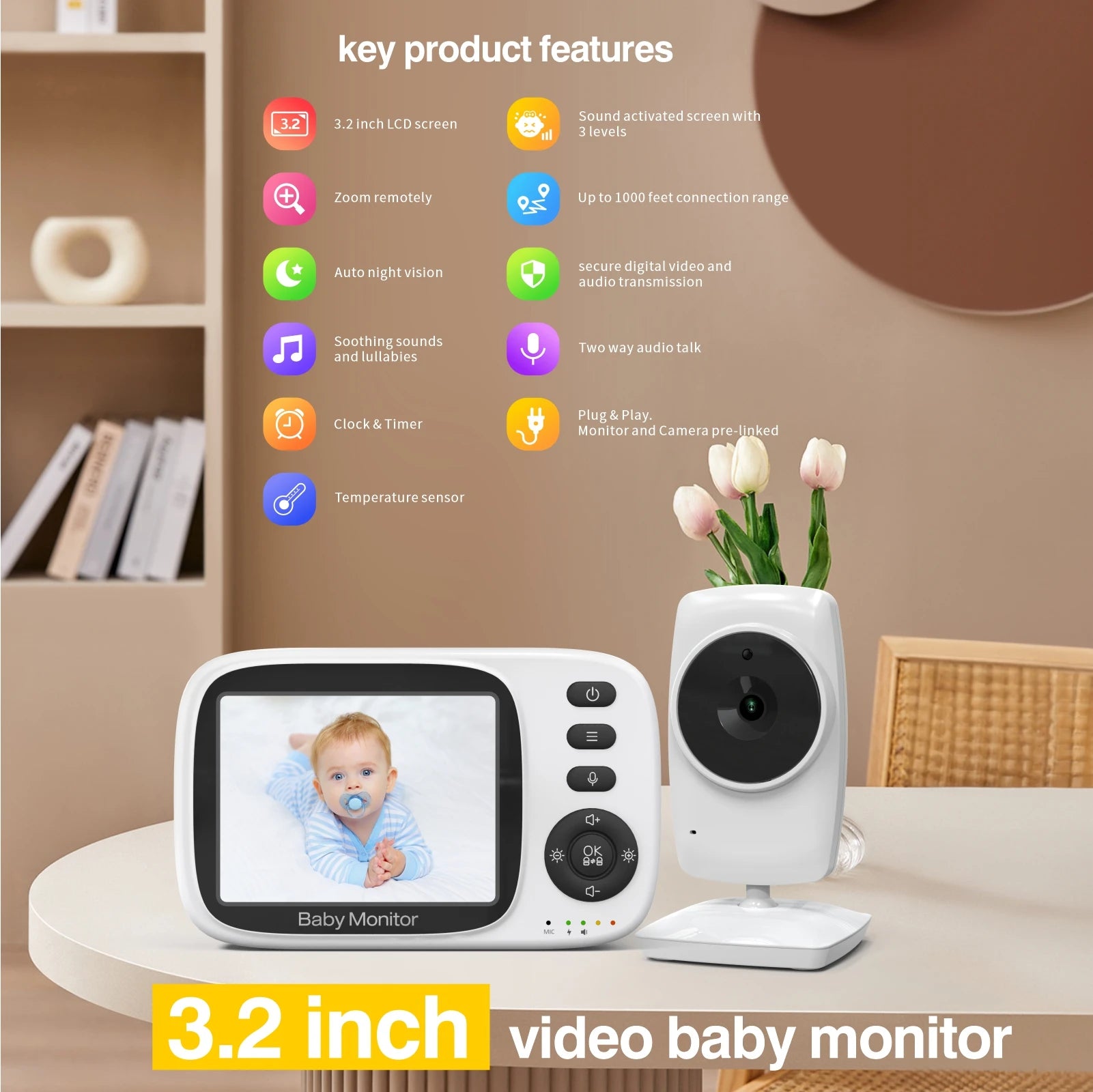 Video Baby Monitor 2.4G Wireless with 3.2 Inches LCD 2 Way Audio Talk Night Vision Surveillance Security Camera Babysitter eprolo