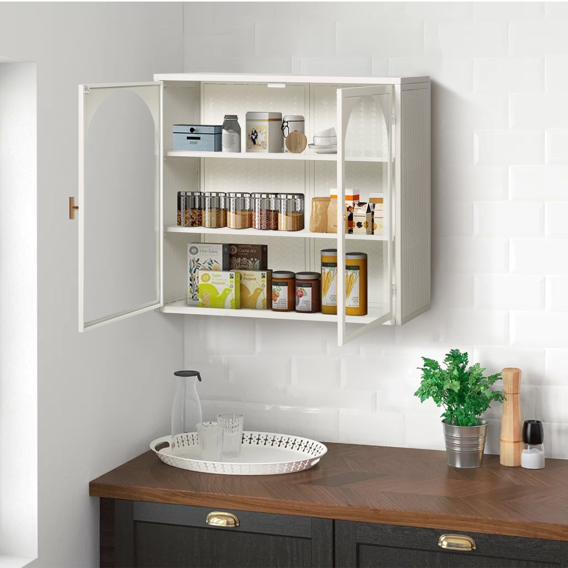 27.56"Glass Doors Modern Two-door Wall Cabinet with Featuring Three-tier Storage White eprolo