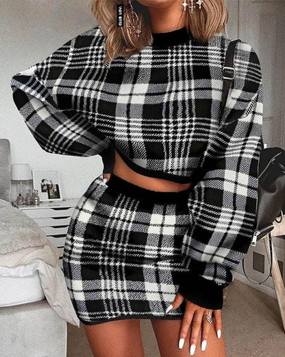 Women Two Piece Set Plaid Sweater Crop Top And Skirt Set - Shello's Creative Boutique