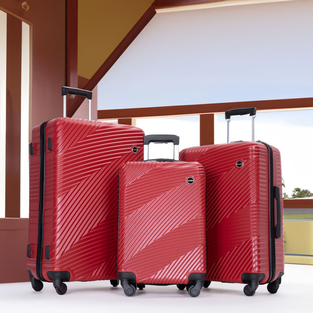 3 Piece Luggage Sets PC+ABS Lightweight Suitcase with Two Hooks Spinner Wheels (20/24/28) Red eprolo