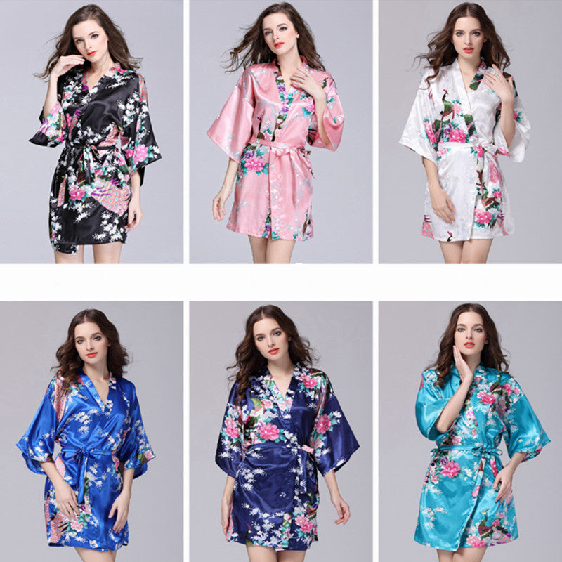 Women Faux Silk Robe Satin Wedding Bride Robe Large Size Sexy Floral Bathrobe Short Nightwear Women Pajamas Kimono eprolo
