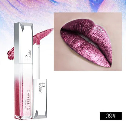 Pudaier Metallic Glitter Shine Full Colour Lipstick Makeup Long-lasting Liquid Tint Lip Gloss - Shello's Creative Boutique