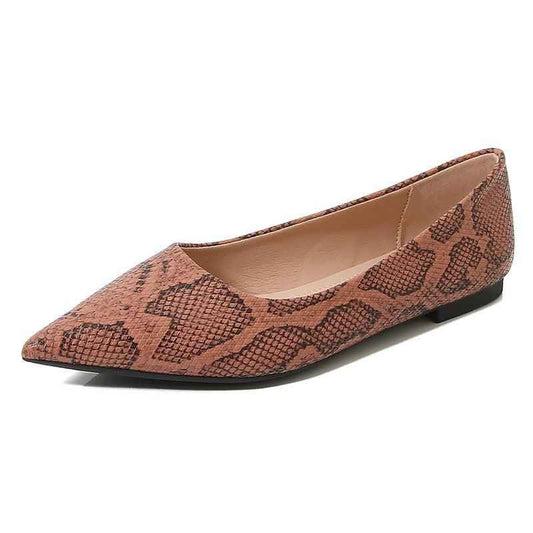Pointed toe flat shoes for women, snake print shallow mouth soft leather soft sole scoop shoes, versatile