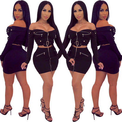 2 Piece Set Women Clothes Solid Off Shoulder Zipper Bodycon 2 Piece Set Women Long Sleeve Belt Top And Skirt Set eprolo
