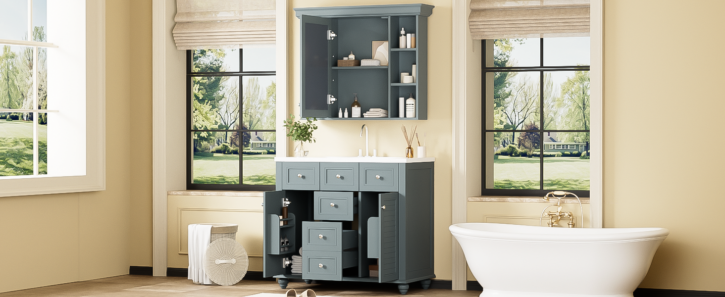 36 inch modern mirror cabinet with adjustable shelves, 2 soft closing doors, and 6 drawer storage cabinet door organizers eprolo