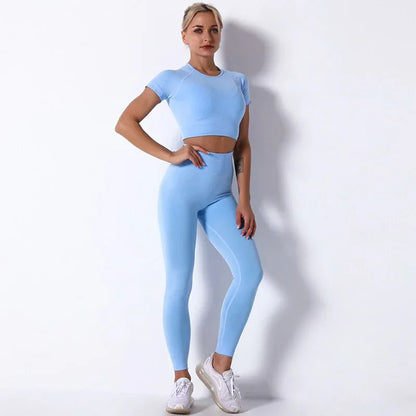 2Pcs/3Pcs/4Pcs Yoga Set Women Clotching Fitness Sportswear Seamless High Waist Leggings Shorts Shirt Crop Top Sport Bra - Shello's Creative Boutique