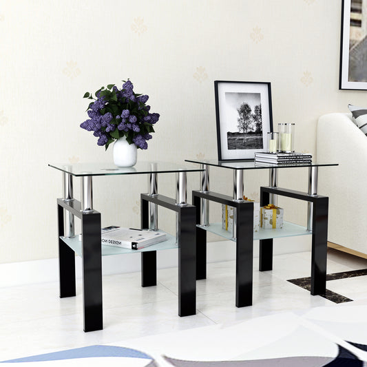 Set of 2, Modern Tempered Glass Tea Table Coffee Table End Table, Square Table for Living Room, Transparent/Black eprolo
