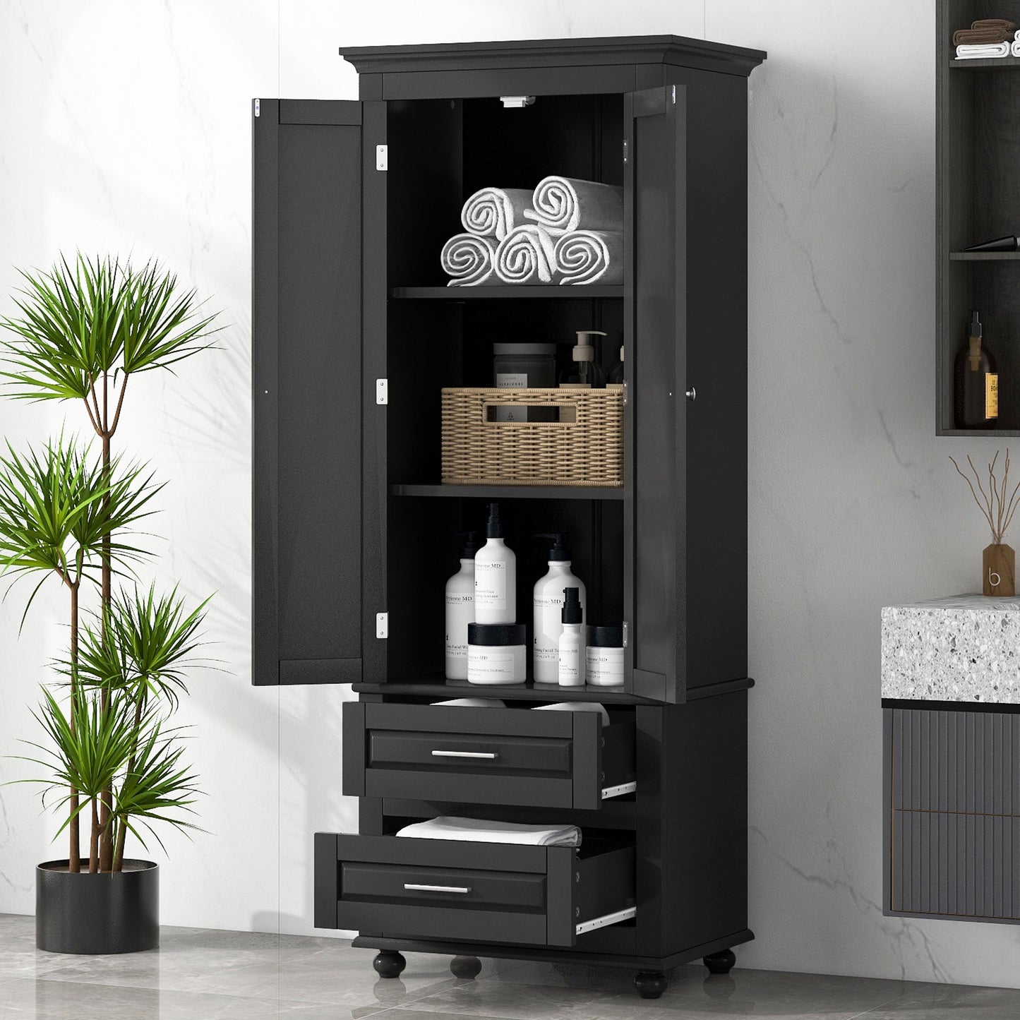 Tall Storage Cabinet with Two Drawers for Bathroom/Office, Black eprolo