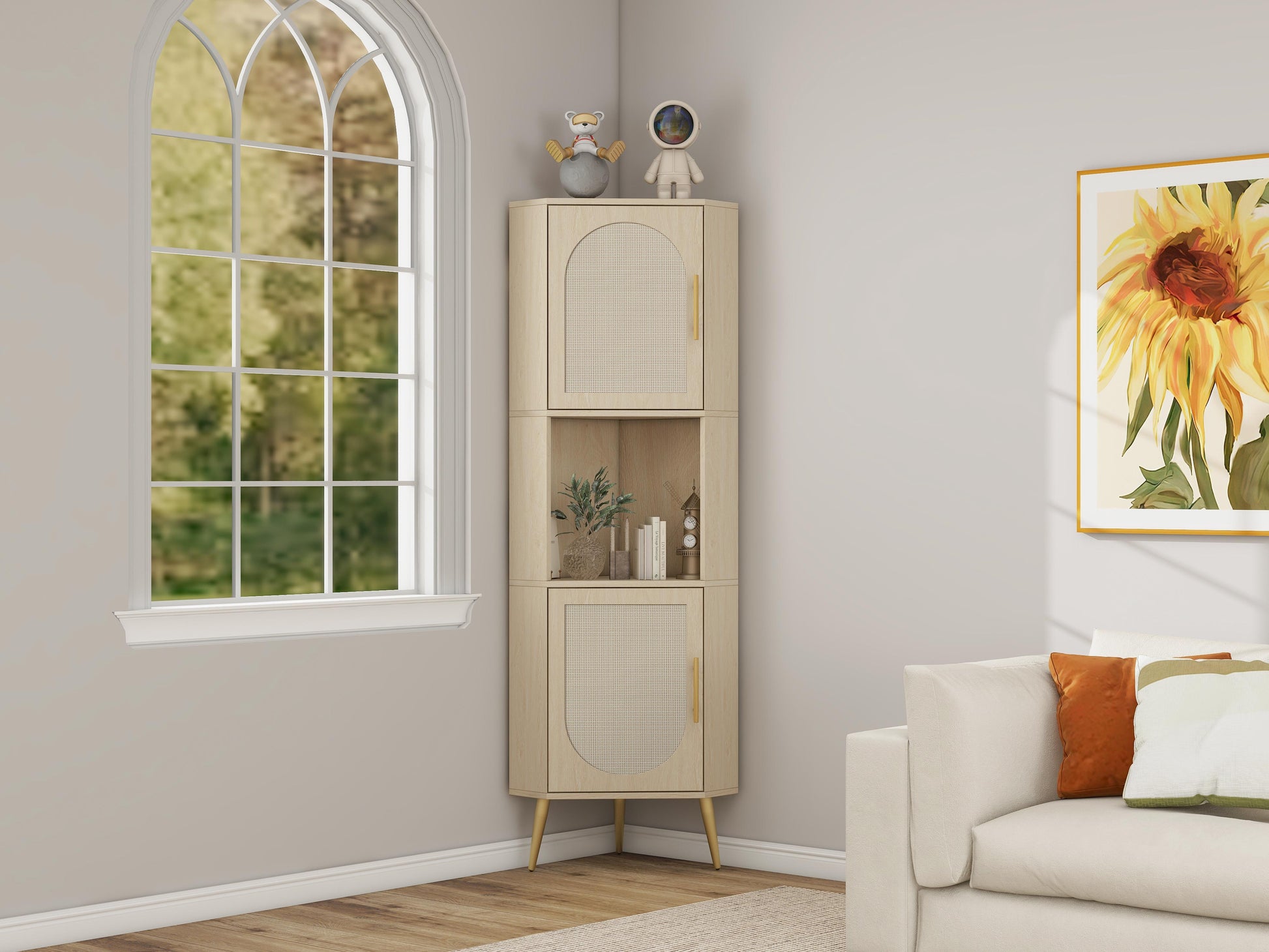 Corner cabinet ,Rattan door,Freestanding Corner Tables For Small Spaces, Corner Shelf Stand For Living Room, Kitchen, Bathroom eprolo