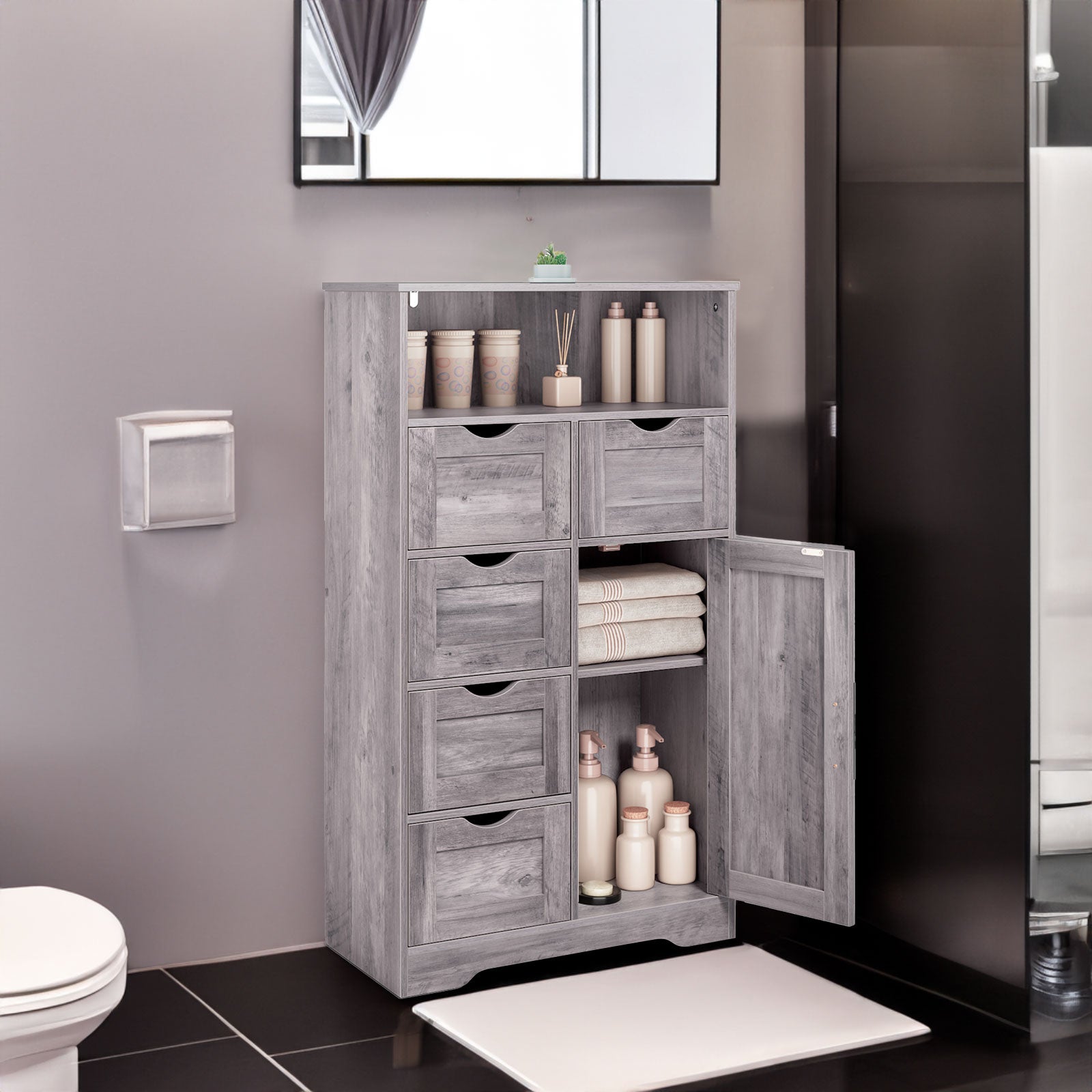 5 Drawers Storage Cabinet with Adjustable Shelves, Bathroom Cabinet with Doors, Floor Cabinet for Living Room Grey eprolo