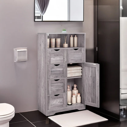 5 Drawers Storage Cabinet with Adjustable Shelves, Bathroom Cabinet with Doors, Floor Cabinet for Living Room Grey - Shello's Creative Boutique