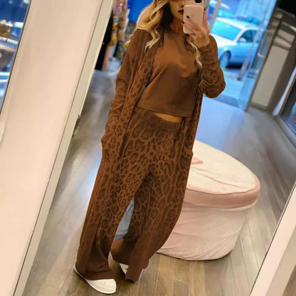 New leopard print long sleeved cardigan jacket, long pants set, two-piece set for women - Shello's Creative Boutique