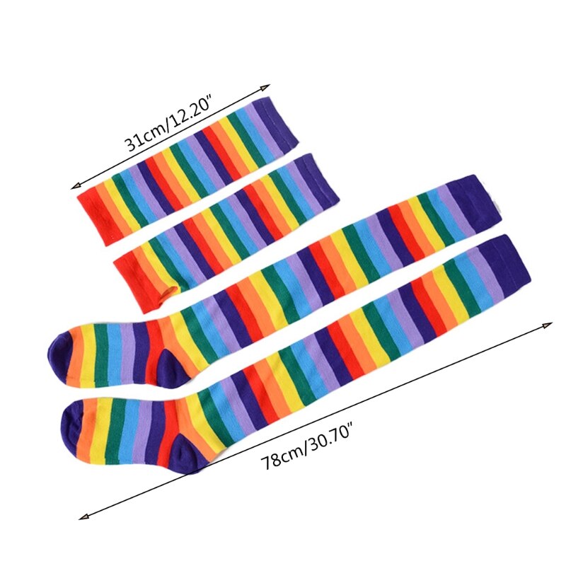 Women Rainbow Striped Thigh High Long Socks Arm Warmers Fingerless Gloves Set 649C eprolo
