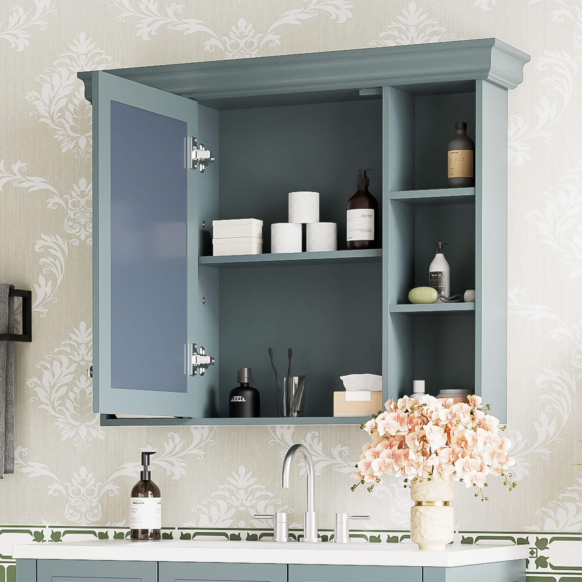 35 ''x 28' 'blue wall mounted bathroom storage cabinet with mirror door and medication cabinet with 6 open shelves eprolo