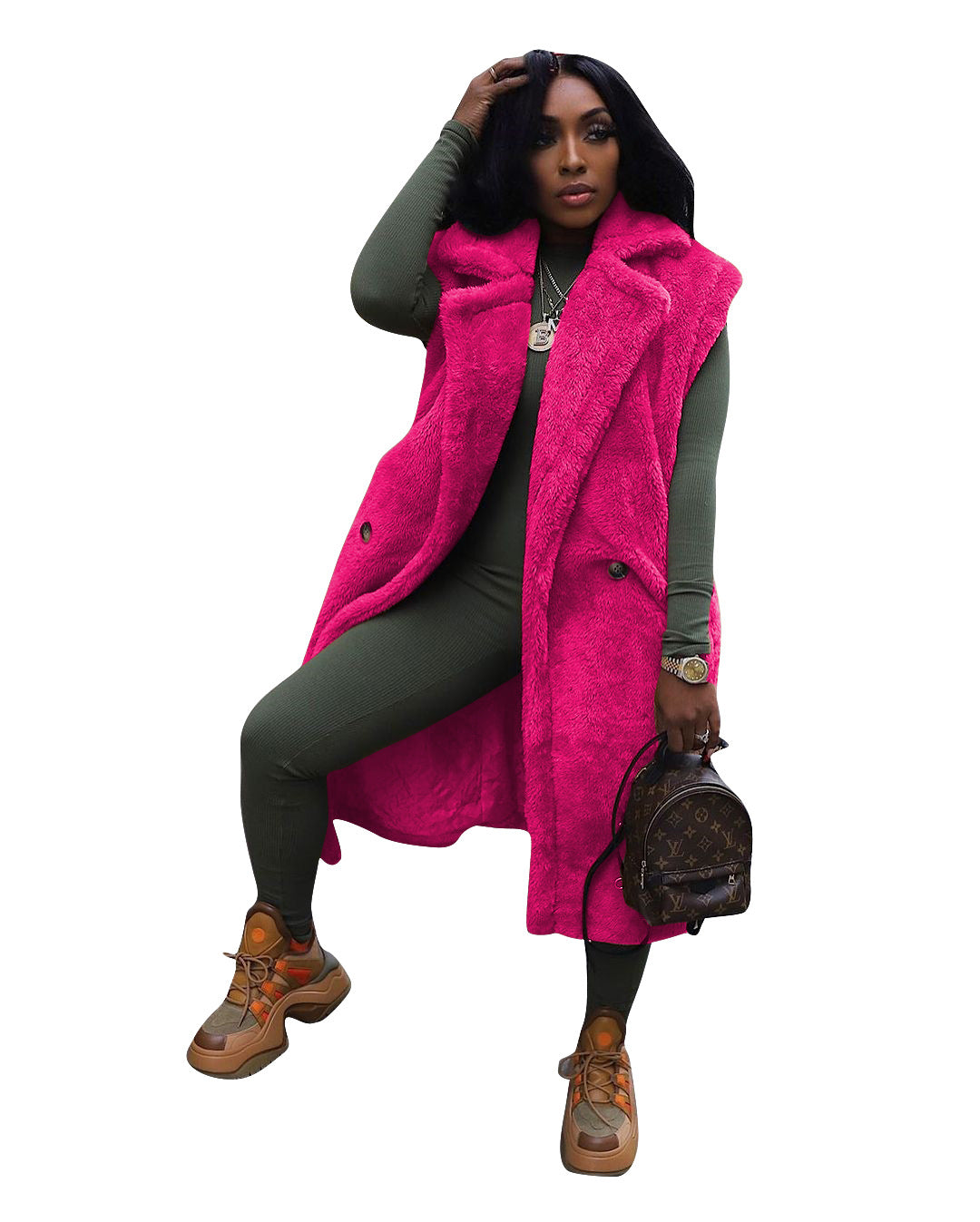 New women's casual solid color plush sleeveless long cardigan jacket eprolo