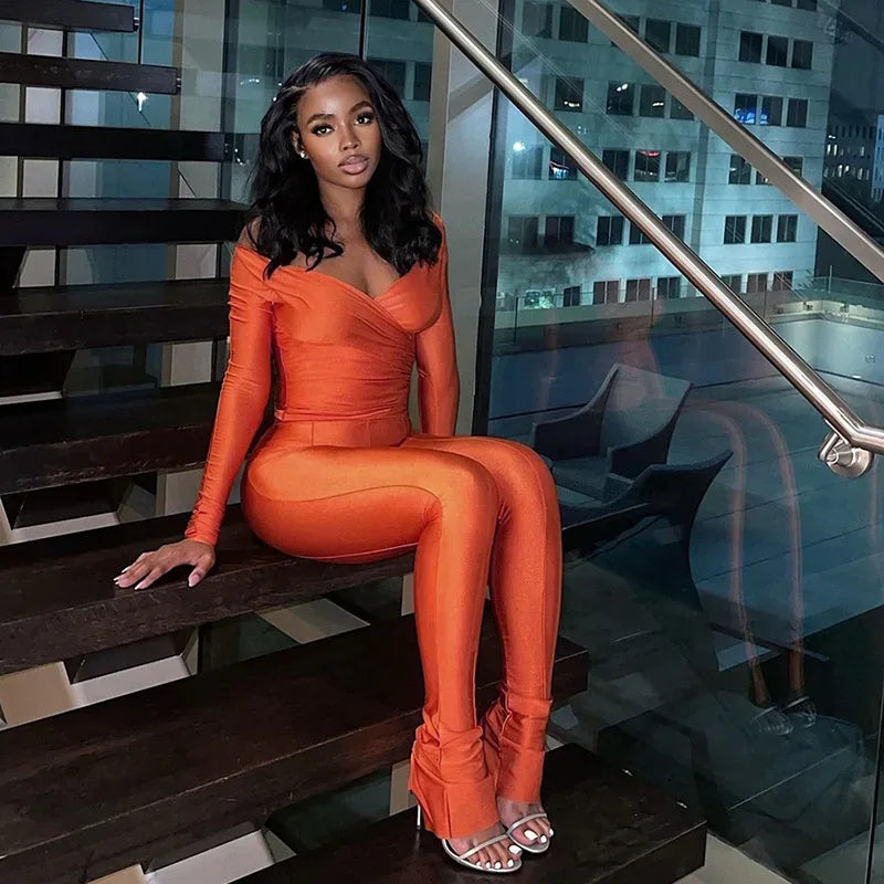 Autumn Solid Casual Two Piece Set Women Sexy Wrapped V Neck Off Shoulder Gloves Long Sleeve Crop Top Slim Split Pants Suits - Shello's Creative Boutique