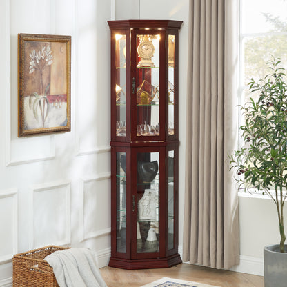 Corner Curio cabinet with lights, adjustable tempered glass frame, display cabinet, cherry color (excluding E26 light bulbs) eprolo