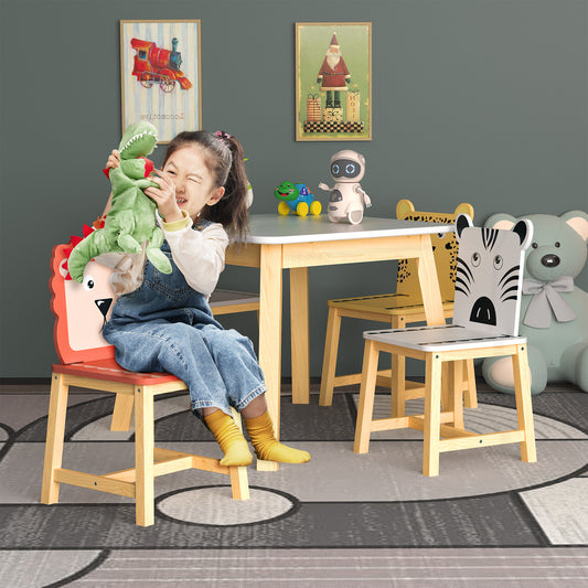 5 Piece Kiddy Table and Chair Set  Kids Wood Table with 4 Chairs Set Cartoon Animals (bigger table) (3-8 years old) eprolo