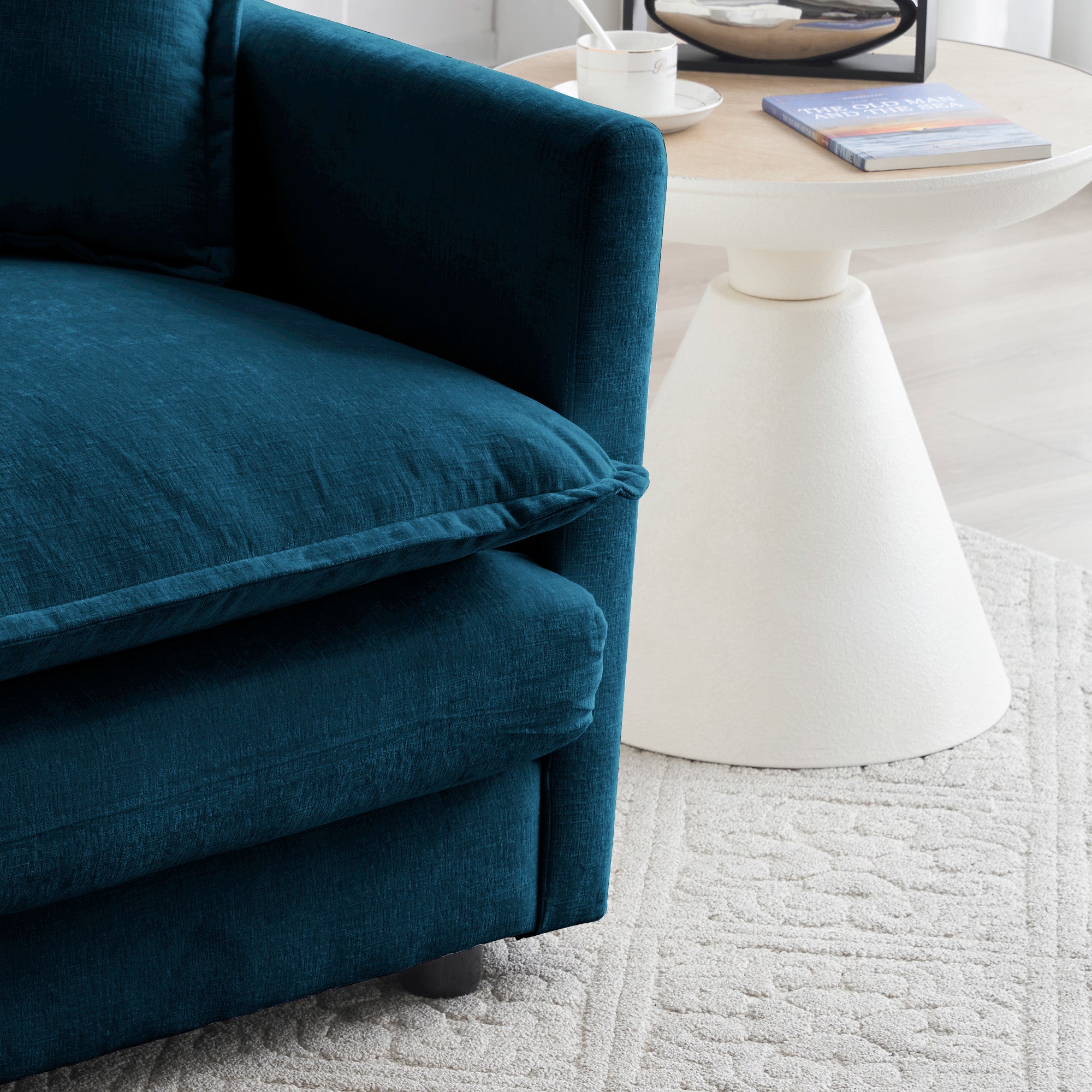 Mid-Century Modern Couch 3-Seater Sofa with 2 Armrest Pillows and 3 Toss Pillows, Couch for Living Room Blue Chenille Shello Creative Boutique