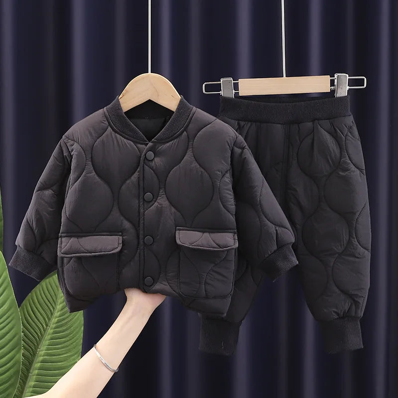 1 2 3 4 5 Years Winter Boys Clothing Sets Alphabet Fashion Warm Coat And Pants 2Pcs Boys Suits Birthday Gifts New Kids Clothes eprolo