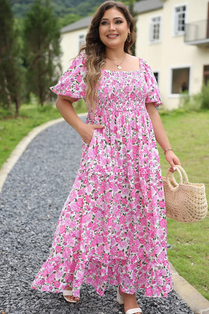 Plus Size Pink Floral Maxi Dress - Flattering Smocked Waist & Puff Sleeves - Shello's Creative Boutique