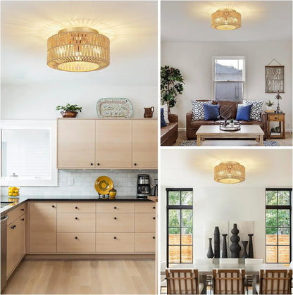Boho Light Fixtures Ceiling Mount 3-Light Farmhouse Rattan Ceiling Light - Shello's Creative Boutique