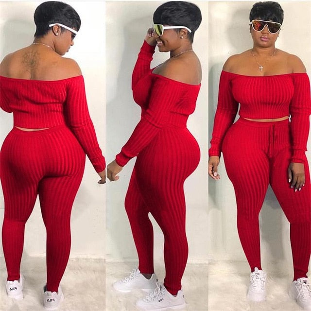 Two Piece Set Autumn Outfits Tracksuit Women Blue Ribbed Striped Slash Neck Short Tops Pencil  Pants eprolo