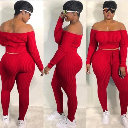 Two Piece Set Autumn Outfits Tracksuit Women Blue Ribbed Striped Slash Neck Short Tops Pencil Pants - Shello's Creative Boutique