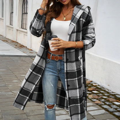 Autumn and winter women's casual loose contrasting color breasted hooded jacket - Shello's Creative Boutique