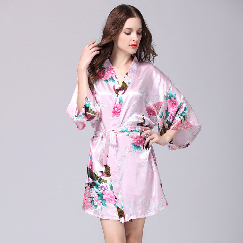 Women Faux Silk Robe Satin Wedding Bride Robe Large Size Sexy Floral Bathrobe Short Nightwear Women Pajamas Kimono eprolo