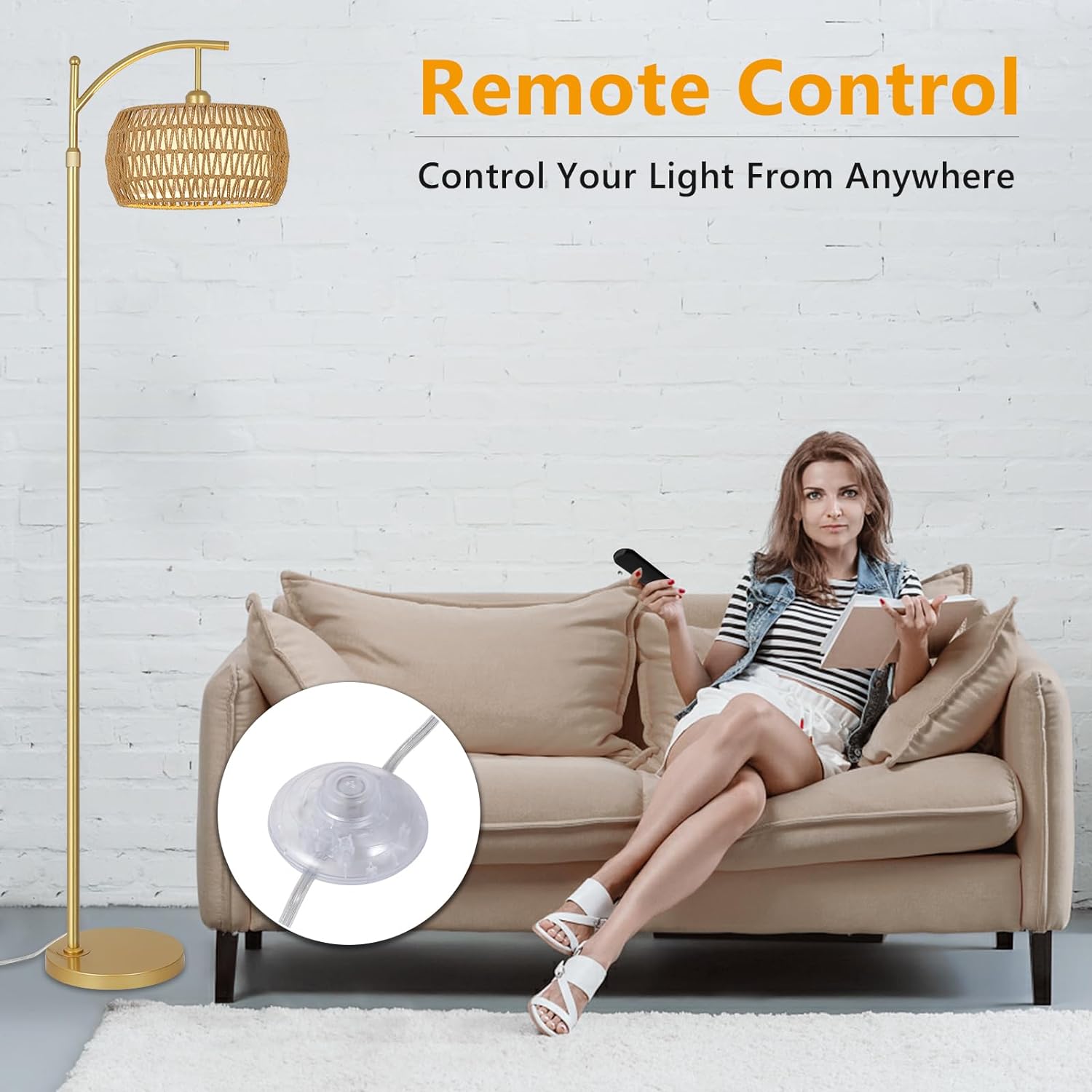 Arc Floor Lamp with 3 Color Temperatures, LED Gold Floor Lamp with Remote & Stepless Dimmable Bulb, Boho Standing Lamp eprolo