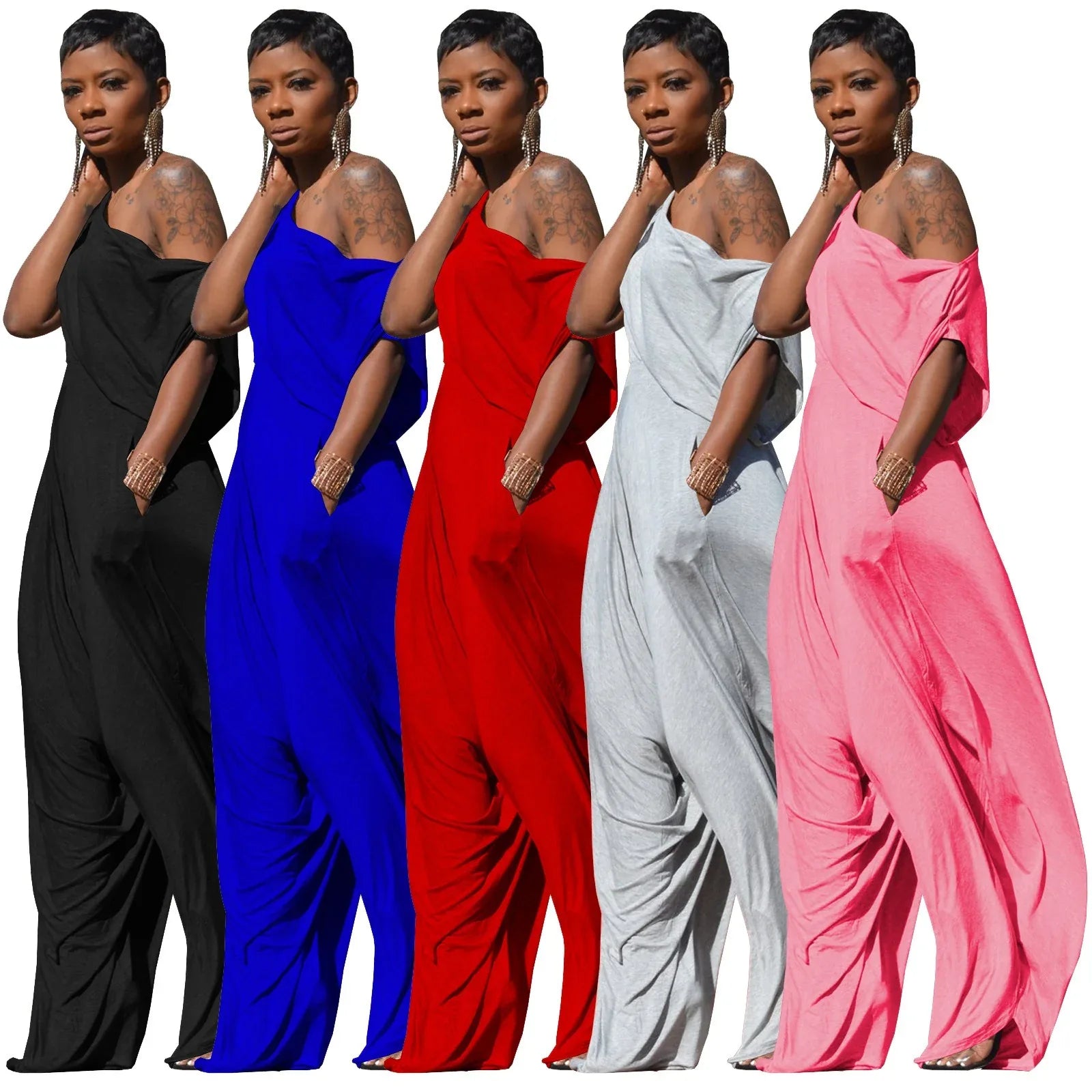Casual solid color cotton diagonal shoulder Harlan pants set, two-piece set - Shello's Creative Boutique
