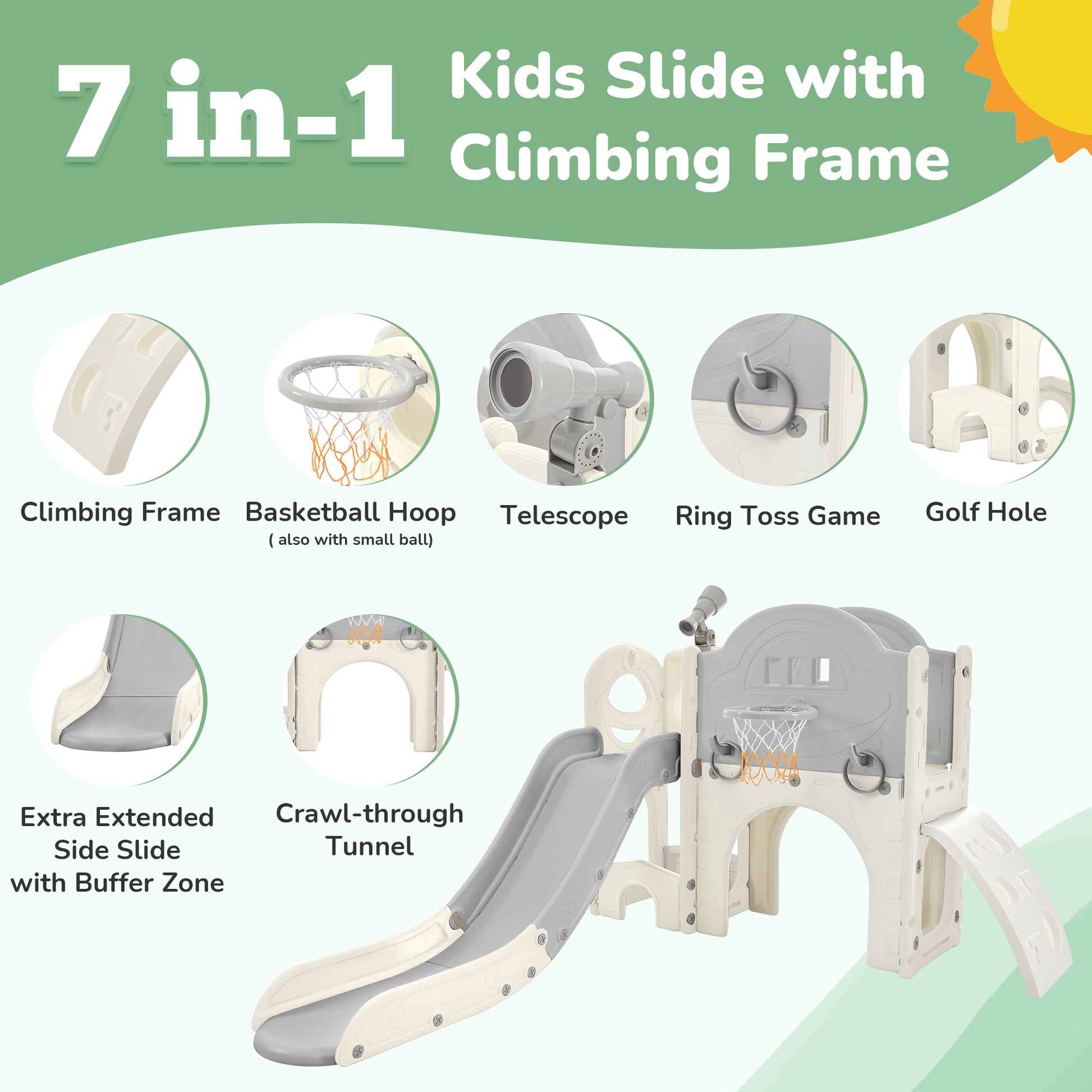 Kids Slide Playset Structure 7 in 1, Freestanding Spaceship Set with Slide, Arch Tunnel Grey+White + HDPE eprolo