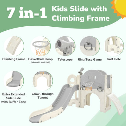 Kids Slide Playset Structure 7 in 1, Freestanding Spaceship Set with Slide, Arch Tunnel Grey+White + HDPE - Shello's Creative Boutique