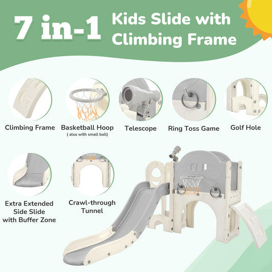 Kids Slide Playset Structure 7 in 1, Freestanding Spaceship Set with Slide, Arch Tunnel Grey+White + HDPE eprolo
