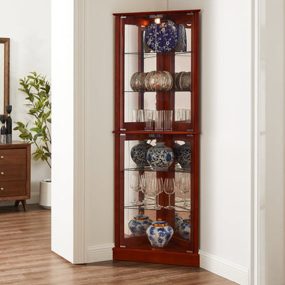 Corner Curio Dispaly Cabinet with Lights, Adjustable Tempered Glass Shelves, Mirrored Back,Cherry(E26 light bulb not included) eprolo