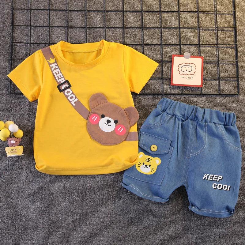Children's clothing children's short sleeved shorts set stylish baby summer clothing children's shoulder bag T-shirt cartoon set - Shello's Creative Boutique