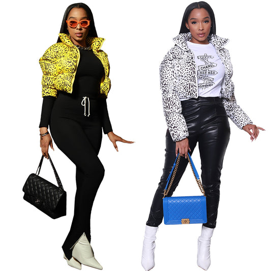  Pure Cotton Heavy Coat Women Autumn And Winter Warming Leopard Print Outwear Turtleneck Sheath High Wasit Street Wear