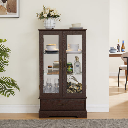 Light colored glass cabinet with adjustable glass frame Curio display cabinet, 2 doors and 1 drawer light bulb cherry color eprolo